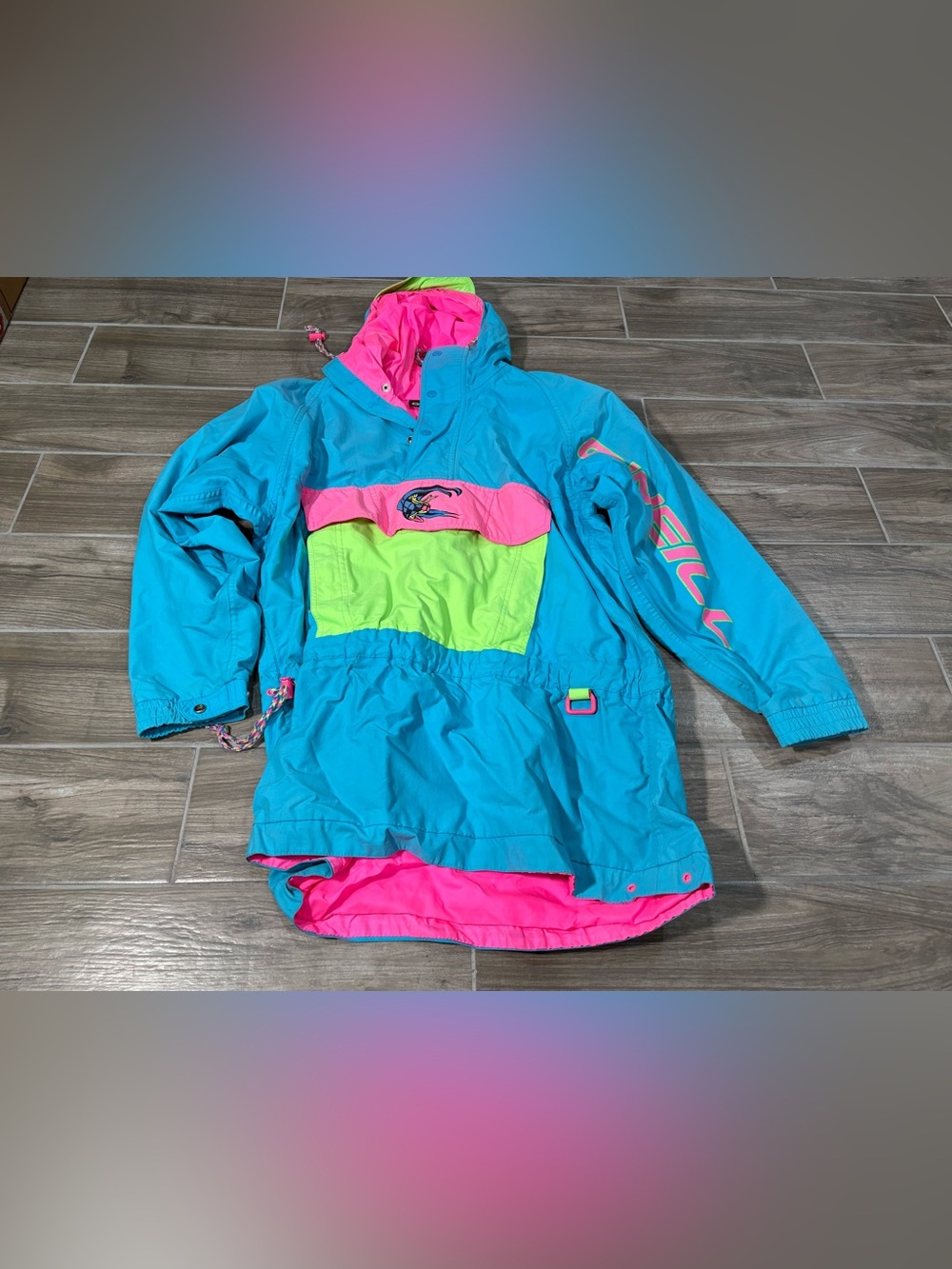 VINTAGE 90s COLOR BLOCK NEON HOODED SNOW SKI JACKET WINTER WOMENS MEDIUM